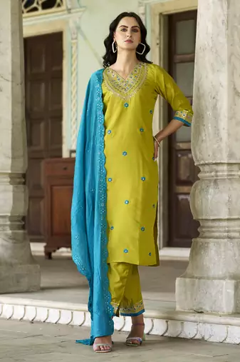 Lemon embroidered silk blend kurta sets