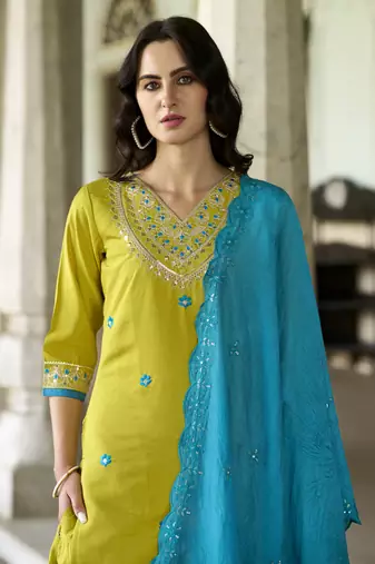 Lemon embroidered silk blend kurta sets