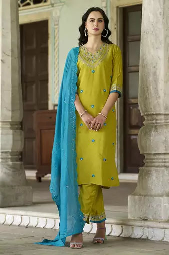 Lemon embroidered silk blend kurta sets