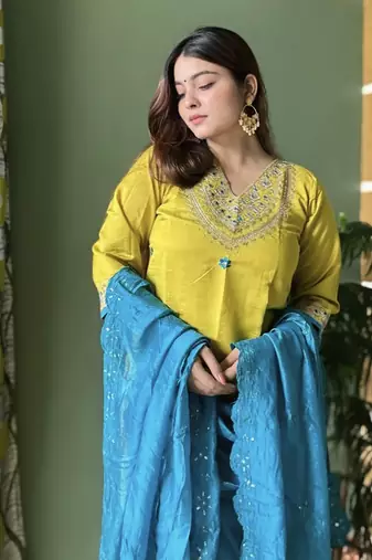 Lemon embroidered silk blend kurta sets