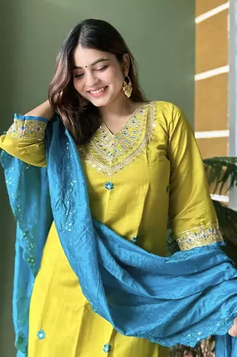 Lemon embroidered silk blend kurta sets