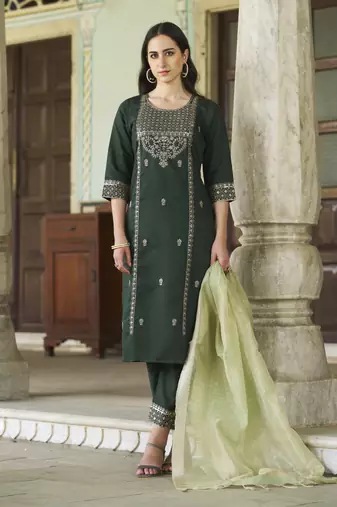 Green embroidered viscose rayon kurta sets