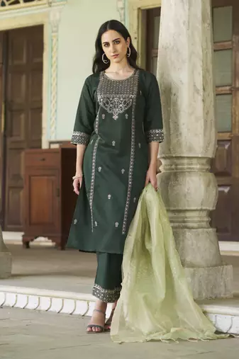 Green embroidered viscose rayon kurta sets