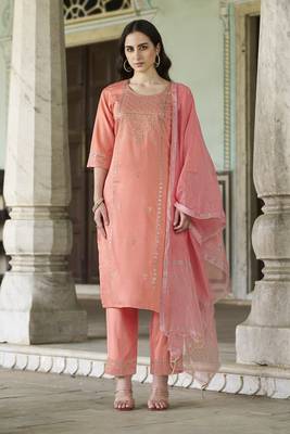 Peach embroidered viscose rayon kurta sets 1
