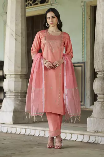 Peach embroidered viscose rayon kurta sets
