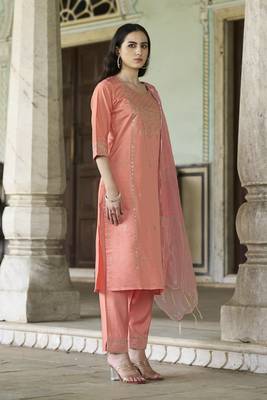 Peach embroidered viscose rayon kurta sets 3