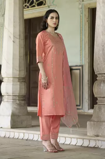 Peach embroidered viscose rayon kurta sets