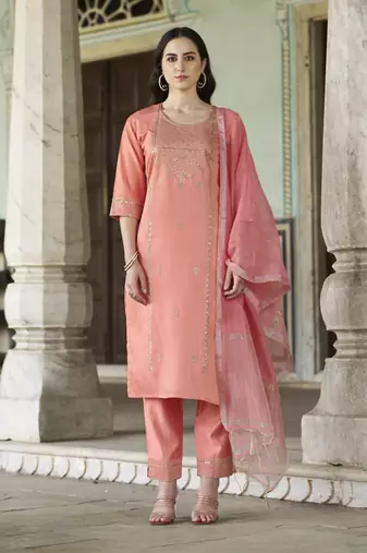 Peach embroidered viscose rayon kurta sets