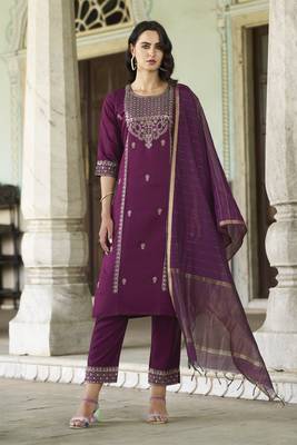 Purple embroidered viscose rayon kurta sets 1