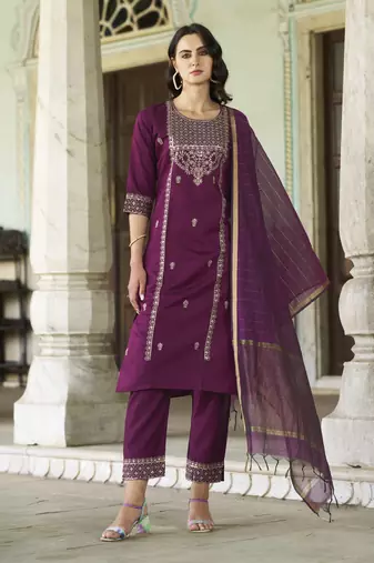 Purple embroidered viscose rayon kurta sets