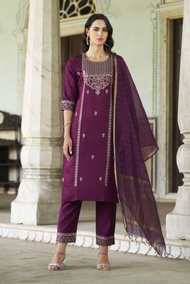 Purple embroidered viscose rayon kurta sets 3