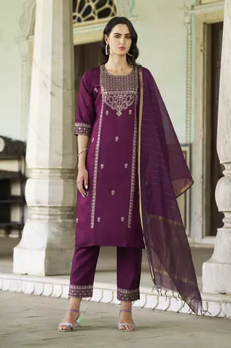 Purple embroidered viscose rayon kurta sets
