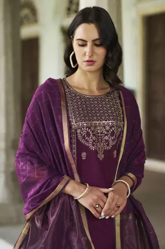 Purple embroidered viscose rayon kurta sets