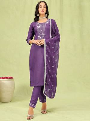 Lavender embroidered cotton blend   kurta sets 1