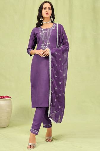 Lavender embroidered cotton blend   kurta sets
