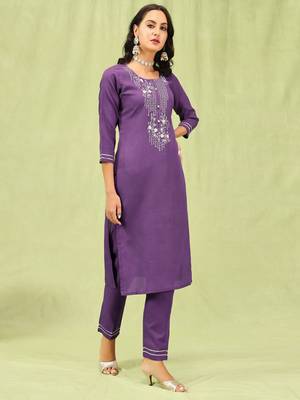 Lavender embroidered cotton blend   kurta sets 2