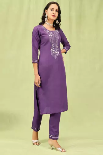 Lavender embroidered cotton blend   kurta sets