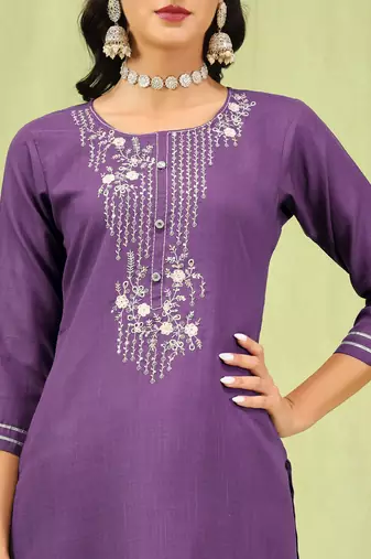 Lavender embroidered cotton blend   kurta sets