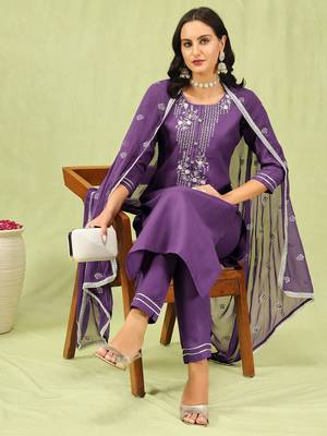Lavender embroidered cotton blend   kurta sets 4