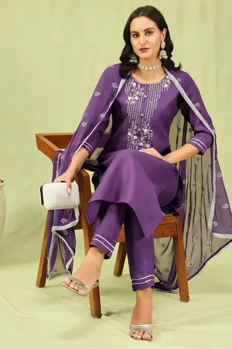 Lavender embroidered cotton blend   kurta sets