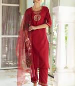 Maroon embroidered cotton silk kurta sets