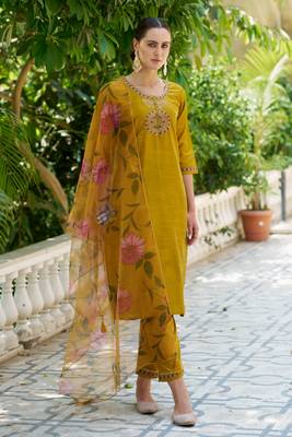 Mustard embroidered cotton silk kurta sets 1