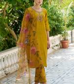 Mustard embroidered cotton silk kurta sets