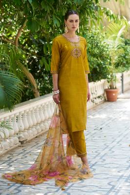 Mustard embroidered cotton silk kurta sets 2