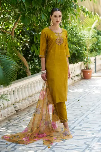Mustard embroidered cotton silk kurta sets