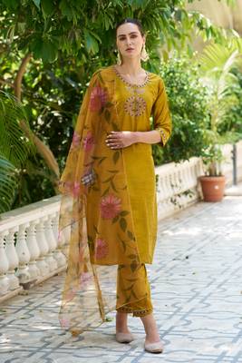 Mustard embroidered cotton silk kurta sets 3