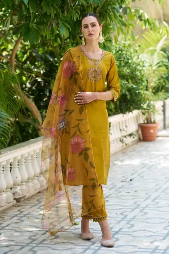 Mustard embroidered cotton silk kurta sets