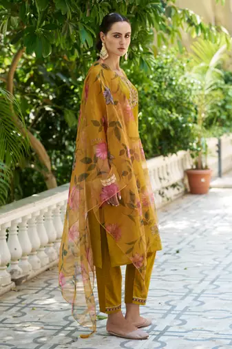 Mustard embroidered cotton silk kurta sets