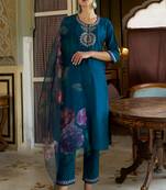 Teal embroidered cotton silk kurta sets