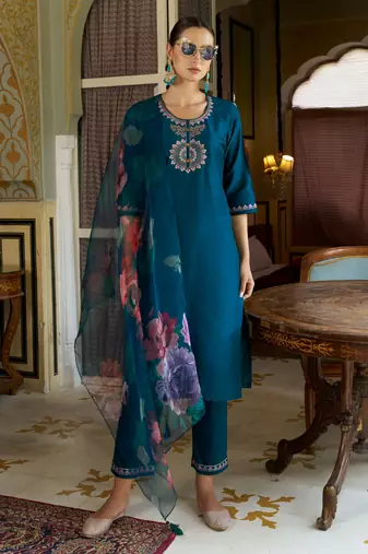 Teal embroidered cotton silk kurta sets