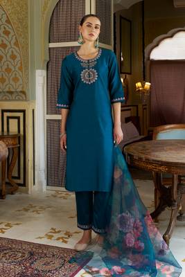 Teal embroidered cotton silk kurta sets 3