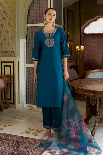 Teal embroidered cotton silk kurta sets