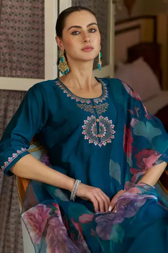Teal embroidered cotton silk kurta sets