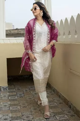 White embroidered chanderi silk kurta sets