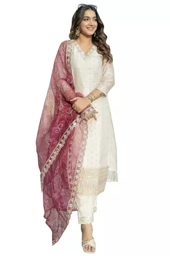 White embroidered chanderi silk kurta sets