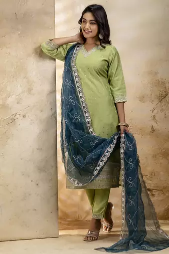Mehendi embroidered chanderi silk kurta sets