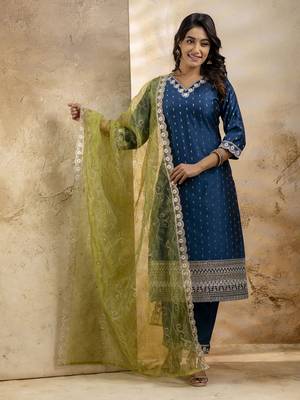 Teal embroidered chanderi silk kurta sets 1