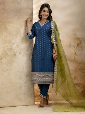 Teal embroidered chanderi silk kurta sets 2