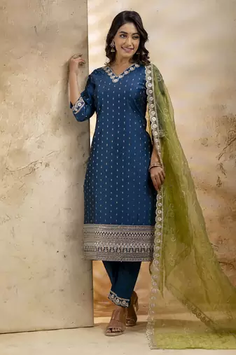 Teal embroidered chanderi silk kurta sets