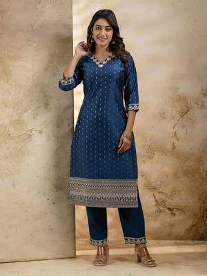 Teal embroidered chanderi silk kurta sets 3