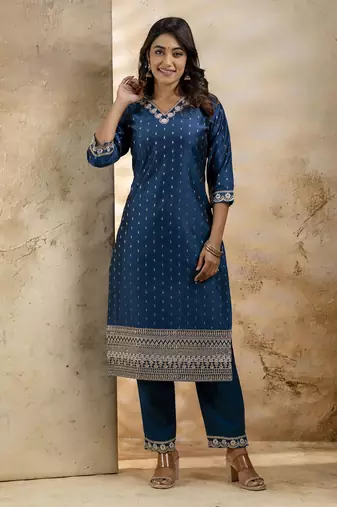 Teal embroidered chanderi silk kurta sets