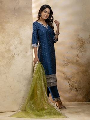 Teal embroidered chanderi silk kurta sets 4