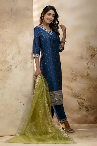 Teal embroidered chanderi silk kurta sets