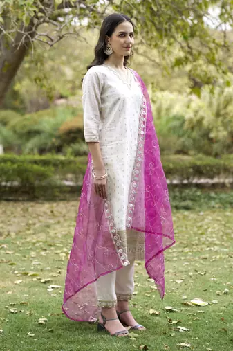 White embroidered chanderi silk kurta sets