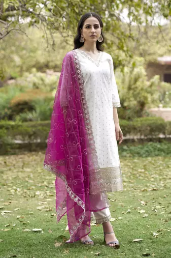 White embroidered chanderi silk kurta sets