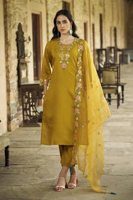 Mustard embroidered viscos roman silk kurta sets 1